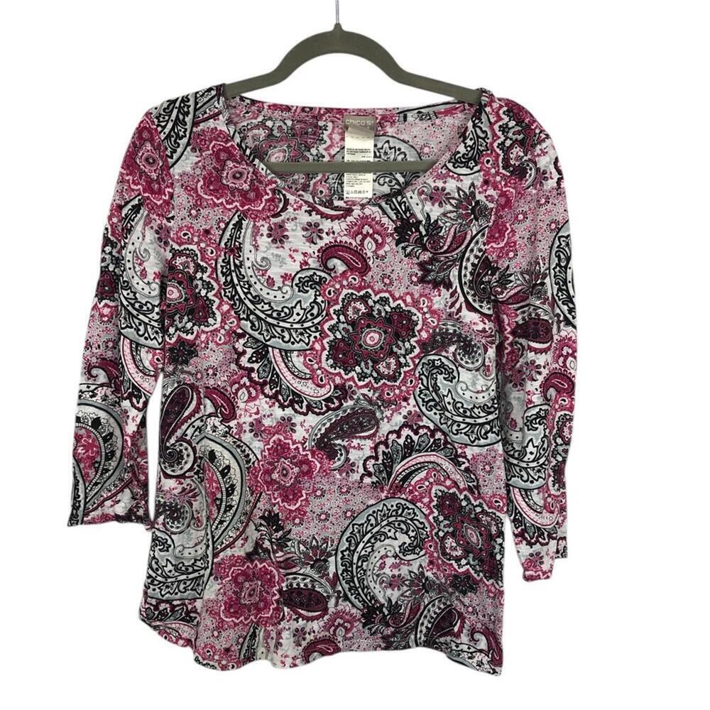 Chico’s Zenergy 3/4 Sleeve Tee Shirt Paisley Boho Floral Scoop Neck